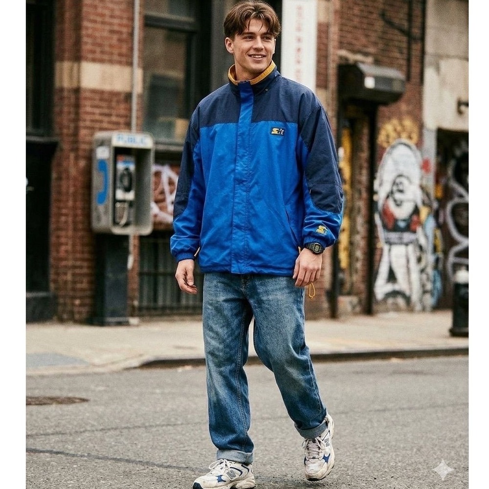 Starter Mens Colorblock Windbreaker Jacket Royal Blue Navy Yellow Sz L Y2K 90's